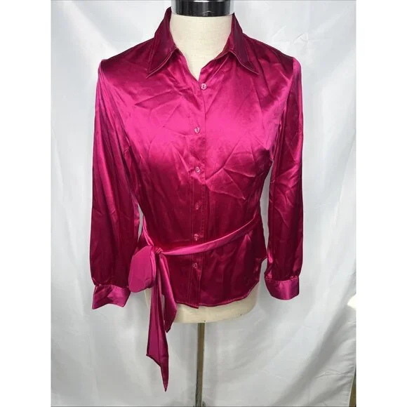 Bloomingdale's Silk Blouse Womens Sz 10 Pink Button Down Shirt Removable Tie Top - Picture 3 of 7